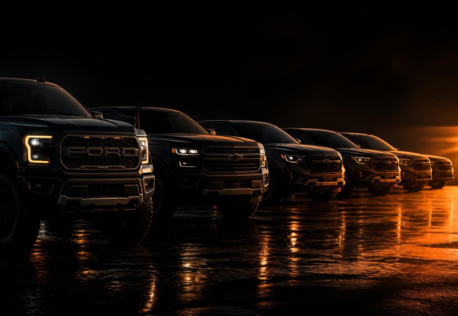Frota de picapes e SUVs alinhadas ao anoitecer